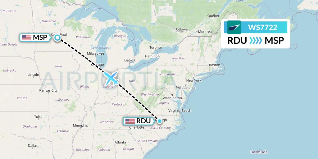 WS7722 WestJet Flight Map: Raleigh-Durham to Minneapolis