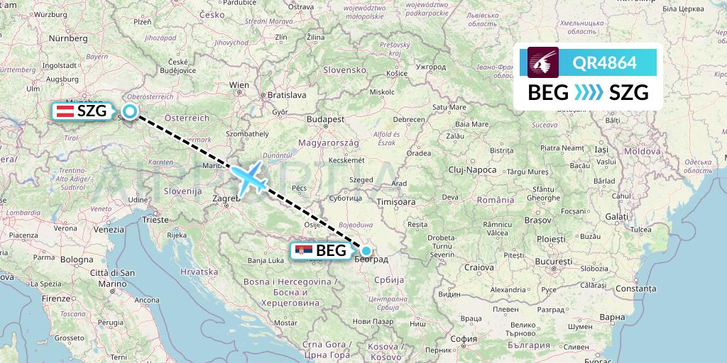 QR4864 Qatar Airways Flight Map: Belgrade to Salzburg