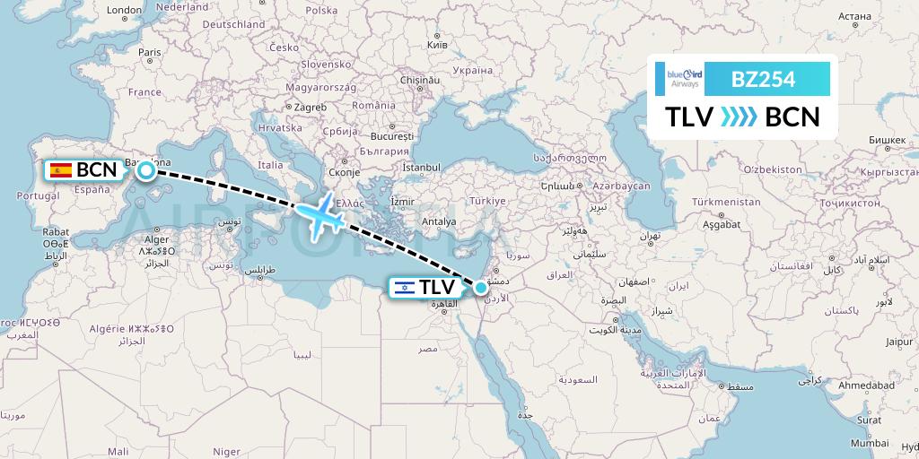 BZ254 Bluebird Airways Flight Map: Tel Aviv to Barcelona