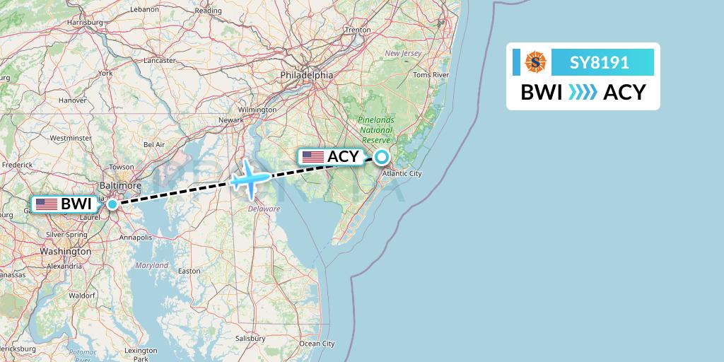 SY8191 Sun Country Airlines Flight Map: Baltimore to Atlantic City