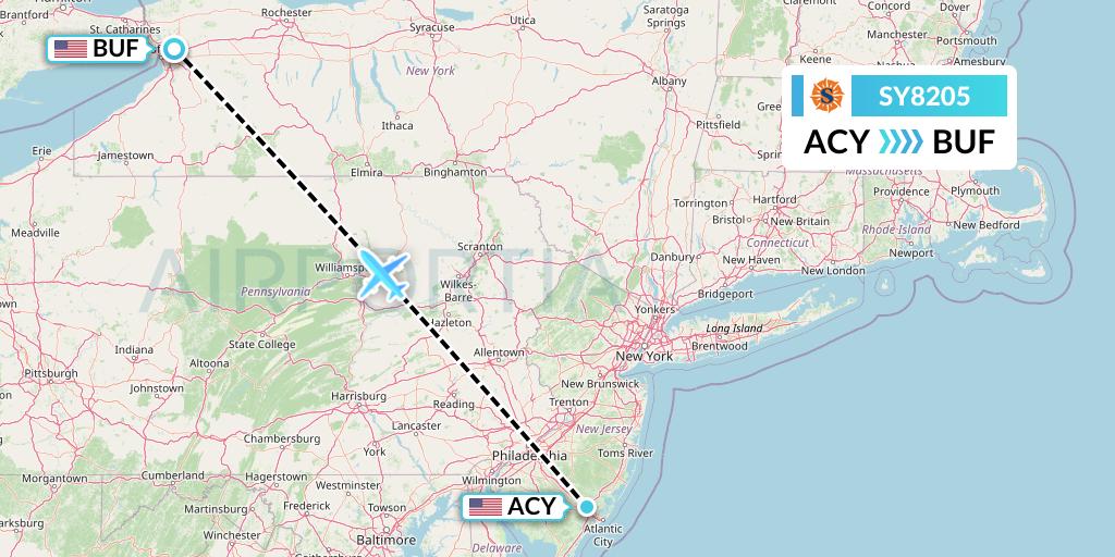 SY8205 Sun Country Airlines Flight Map: Atlantic City to Buffalo
