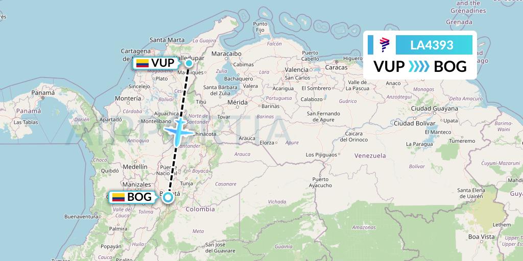 LA4393 LAN Airlines Flight Map: Valledupar to Bogota