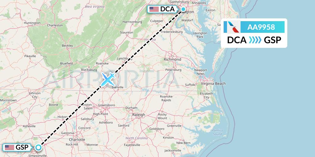 AA9958 American Airlines Flight Map: Washington to Greenville-Spartanburg