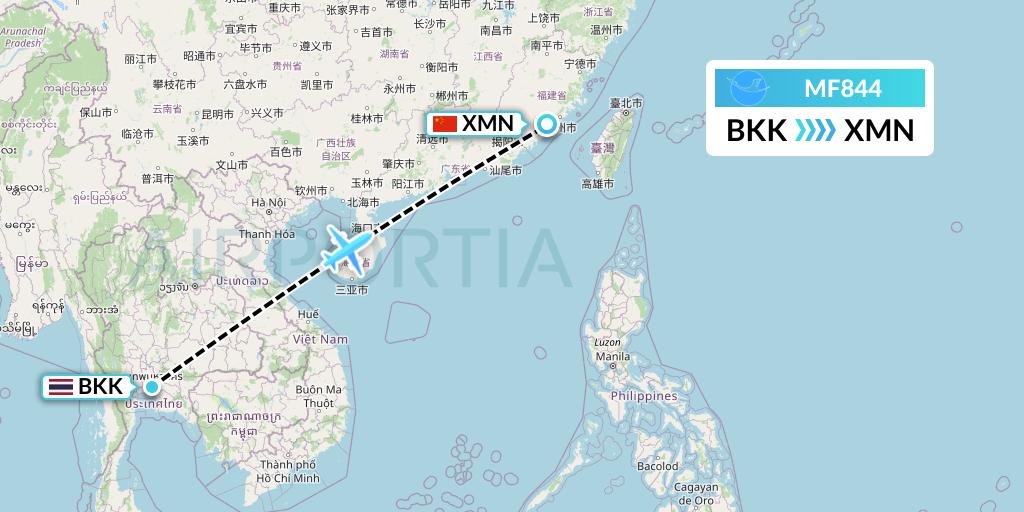 MF844 Xiamen Airlines Flight Map: Bangkok to Xiamen