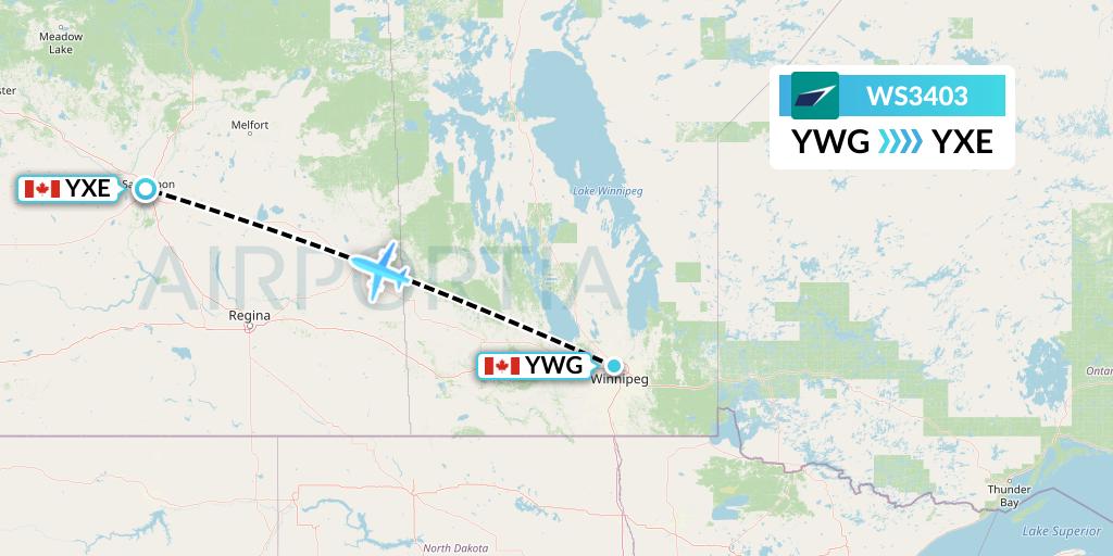 WS3403 WestJet Flight Map: Winnipeg to Saskatoon