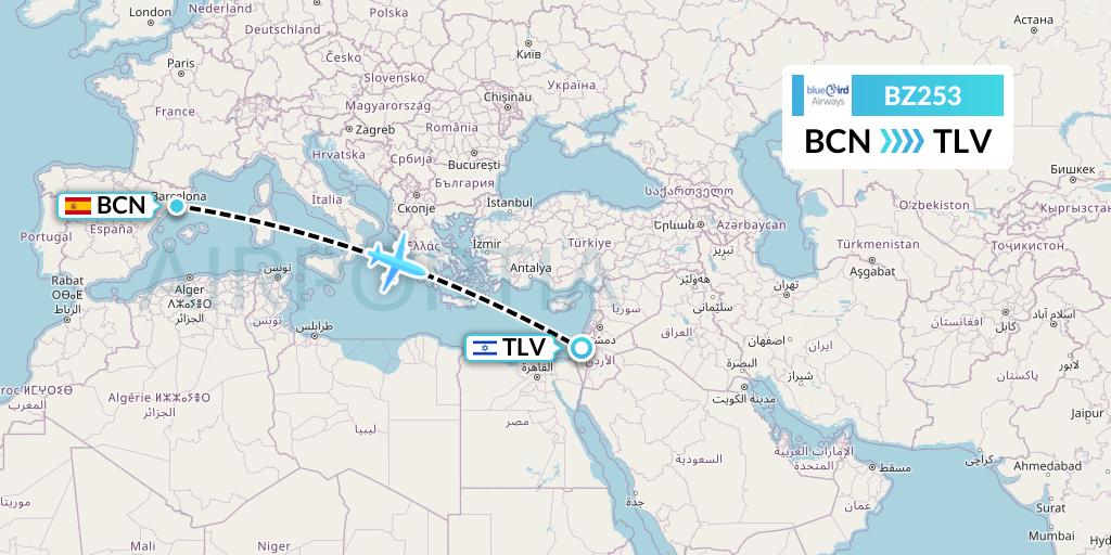 BZ253 Bluebird Airways Flight Map: Barcelona to Tel Aviv