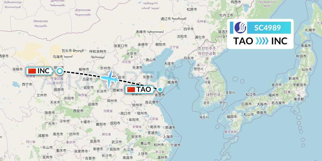 SC4989 Shandong Airlines Flight Map: Qingdao to Yinchuan
