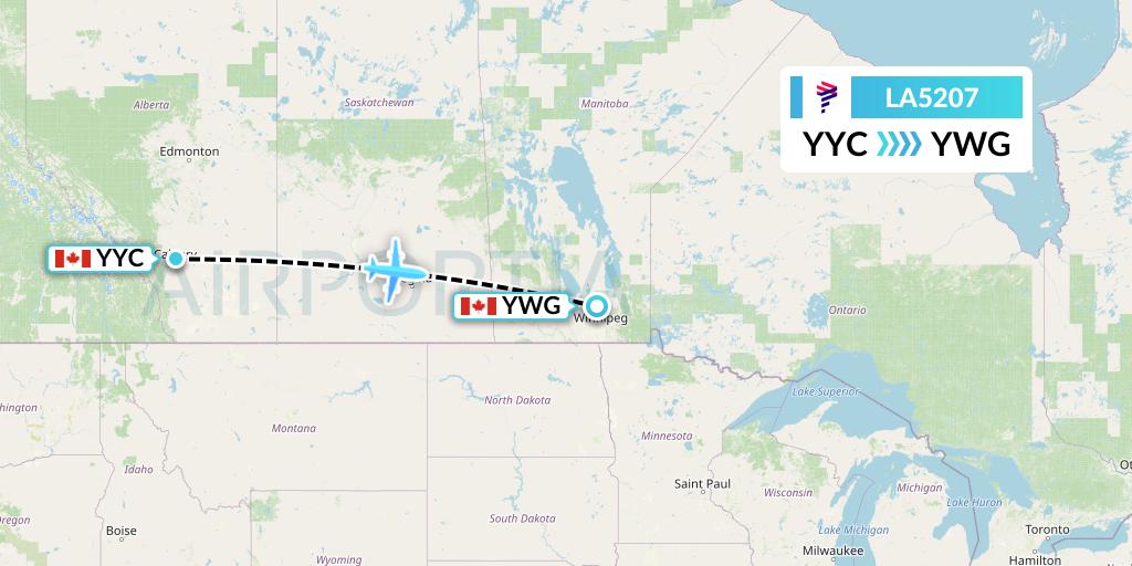 LA5207 LAN Airlines Flight Map: Calgary to Winnipeg