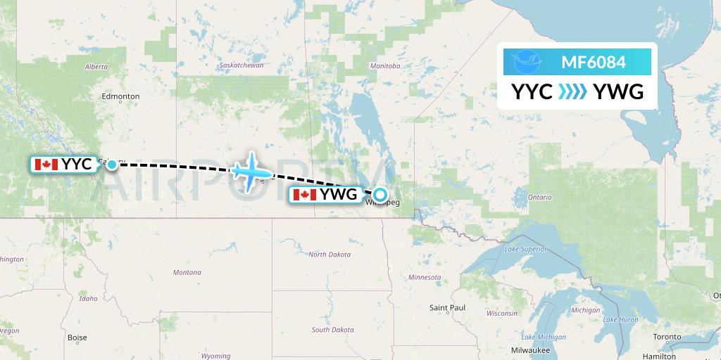 MF6084 Xiamen Airlines Flight Map: Calgary to Winnipeg