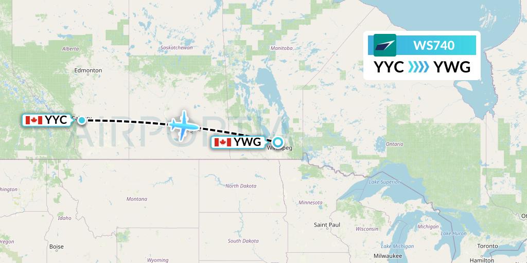WS740 WestJet Flight Map: Calgary to Winnipeg