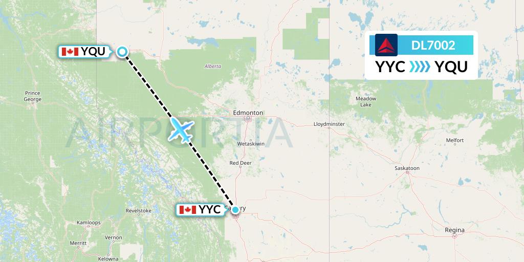 DL7002 Delta Air Lines Flight Map: Calgary to Grande Prairie