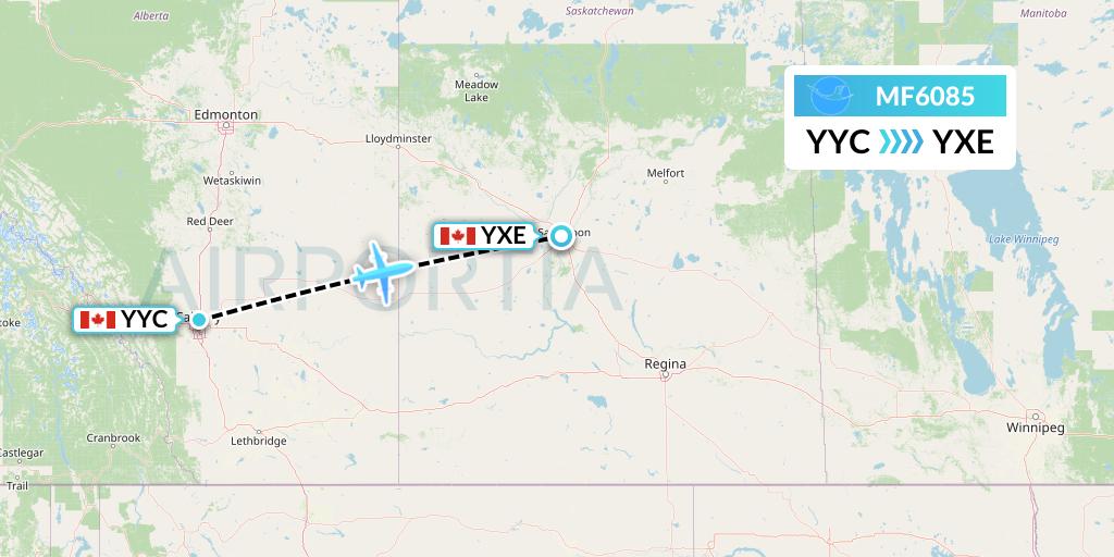 MF6085 Xiamen Airlines Flight Map: Calgary to Saskatoon