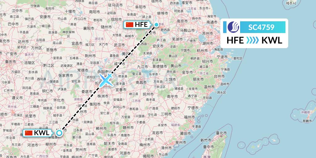 SC4759 Shandong Airlines Flight Map: Hefei to Guilin