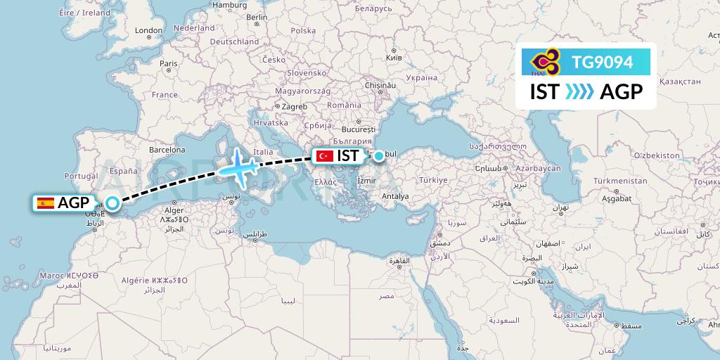TG9094 Thai Airways Flight Map: Istanbul to Malaga
