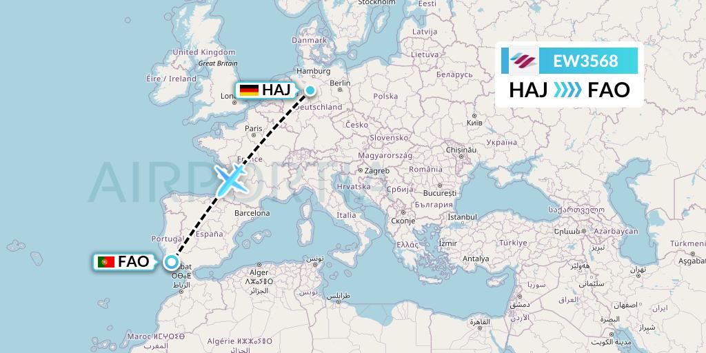 EW3568 Eurowings Flight Map: Hannover to Faro