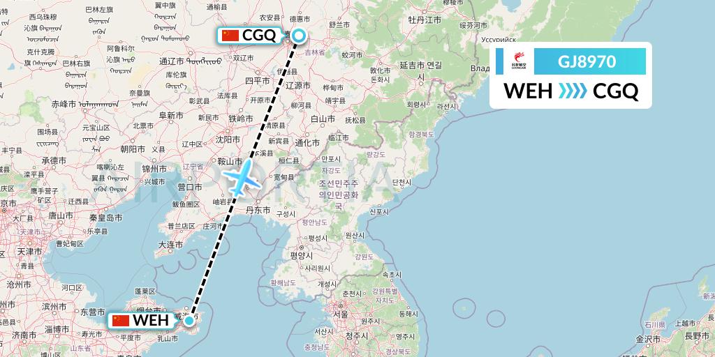GJ8970 Loong Airlines Flight Map: Weihai to Changchun