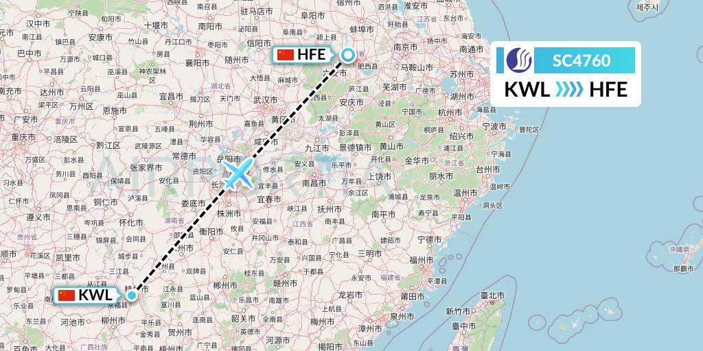 SC4760 Shandong Airlines Flight Map: Guilin to Hefei