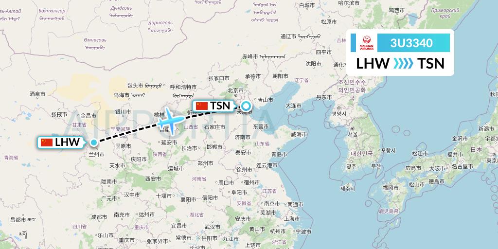 3U3340 Sichuan Airlines Flight Map: Lanzhou to Tianjin