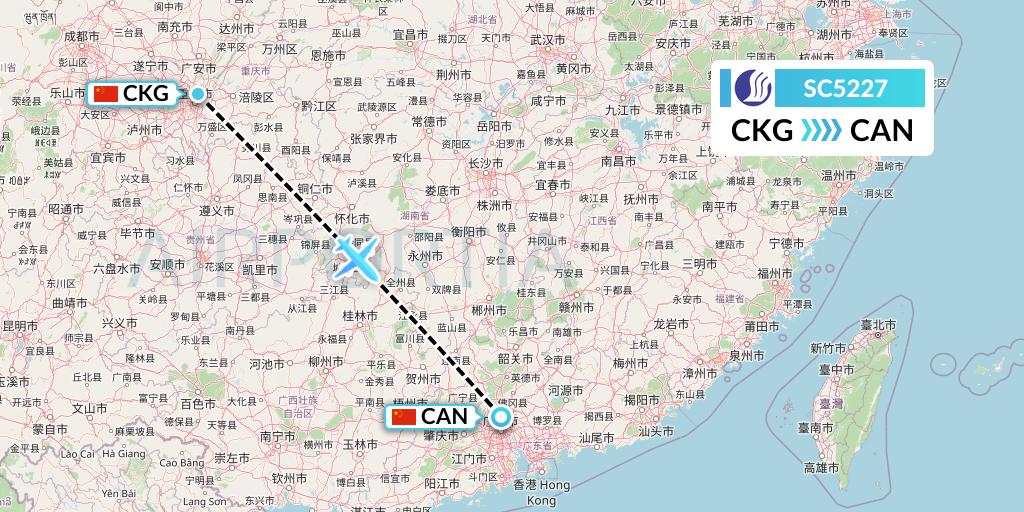 SC5227 Shandong Airlines Flight Map: Chongqing to Guangzhou