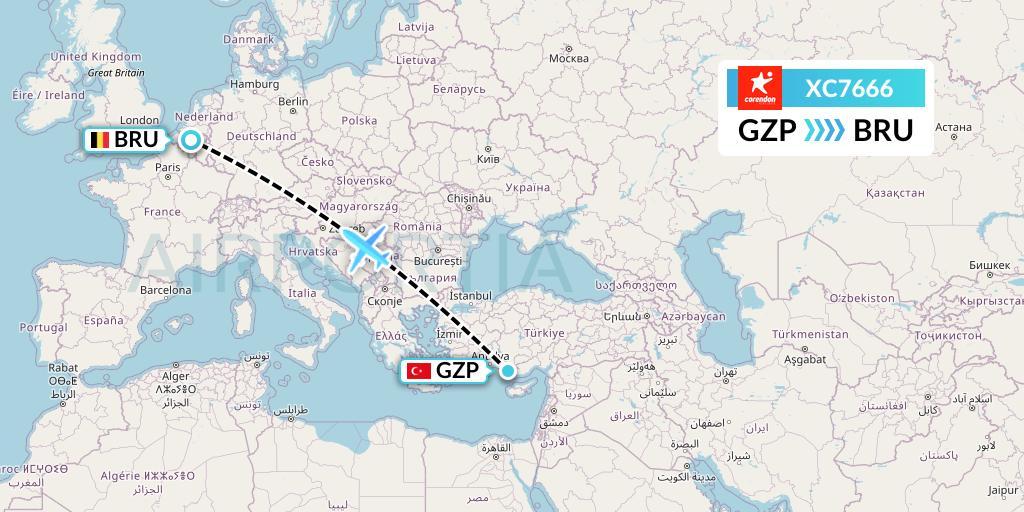 XC7666 Corendon Airlines Flight Map: Gazipasa to Brussels