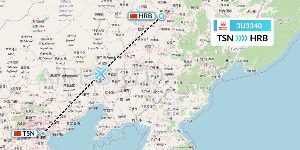 3U3340 Sichuan Airlines Flight Map: Tianjin to Harbin