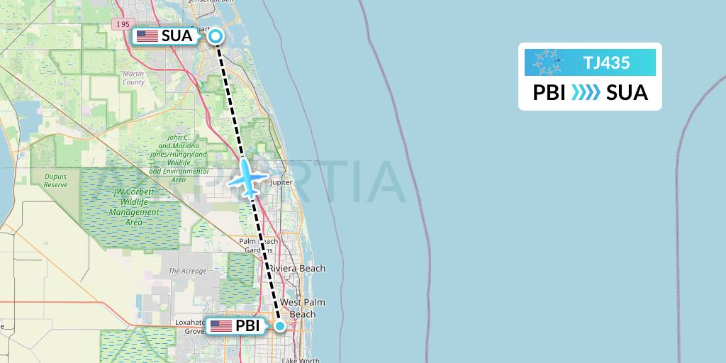 TJ435 Tradewind Aviation Flight Map: West Palm Beach to Stuart