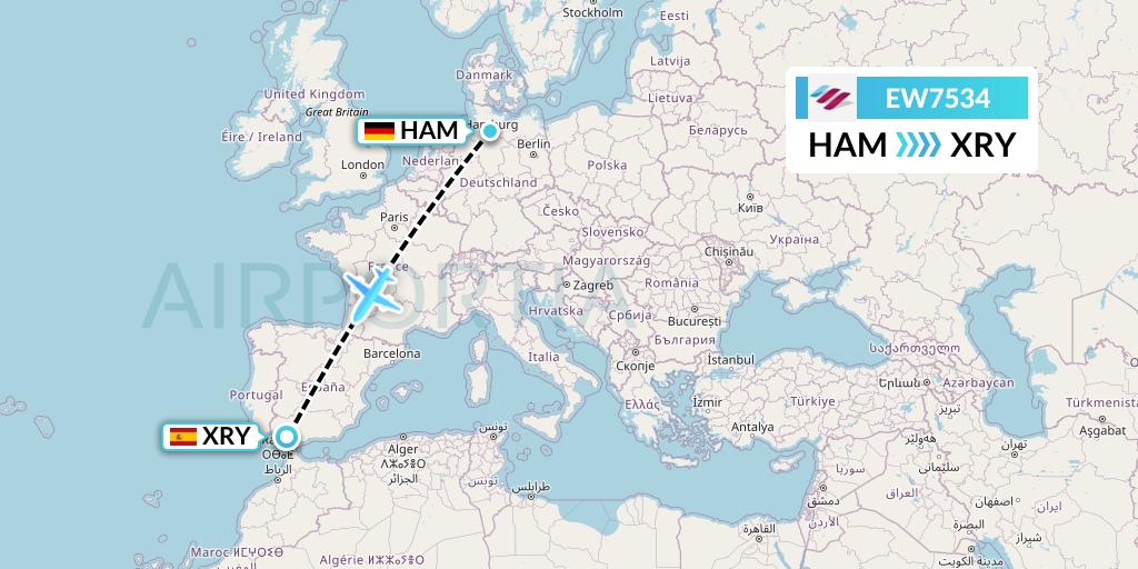 EW7534 Eurowings Flight Map: Hamburg to Jerez