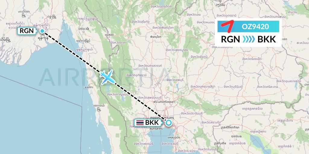 OZ9420 Asiana Airlines Flight Map: Yangon to Bangkok