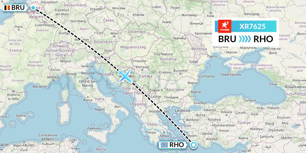 XR7625 Corendon Airlines Europe Flight Map: Brussels to Rhodes