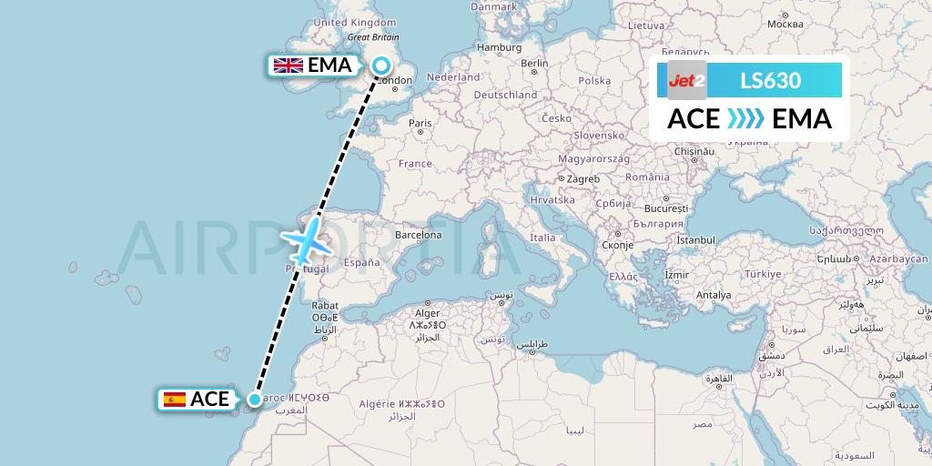 LS630 Jet2 Flight Map: Lanzarote to East Midlands