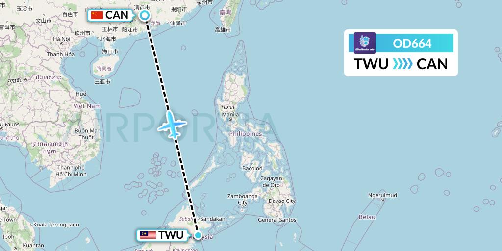 OD664 Batik Air Malaysia Flight Map: Tawau to Guangzhou