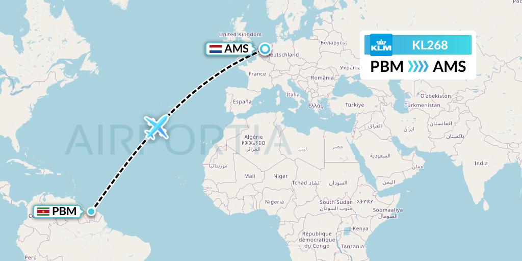 KL268 KLM Flight Map: Paramaribo to Amsterdam