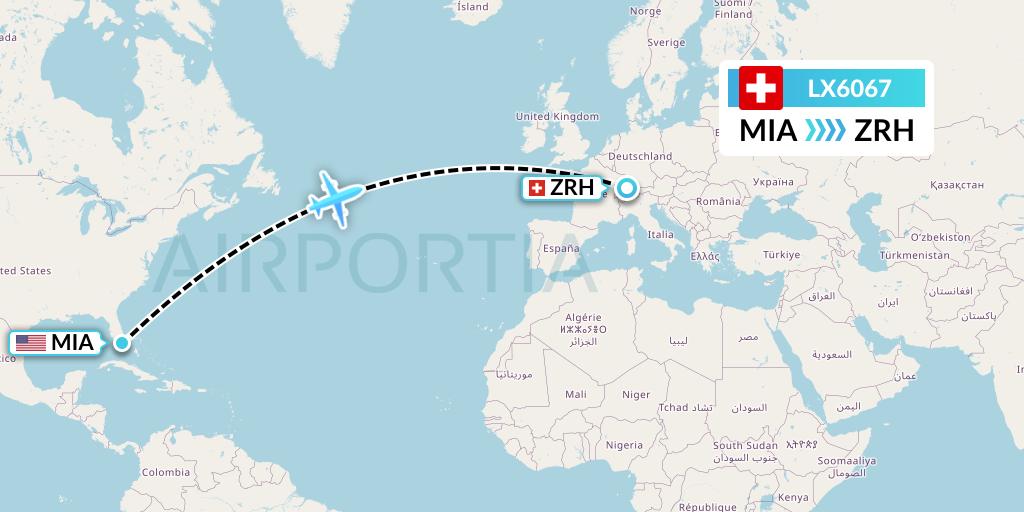 LX6067 Swiss Flight Map: Miami to Zurich