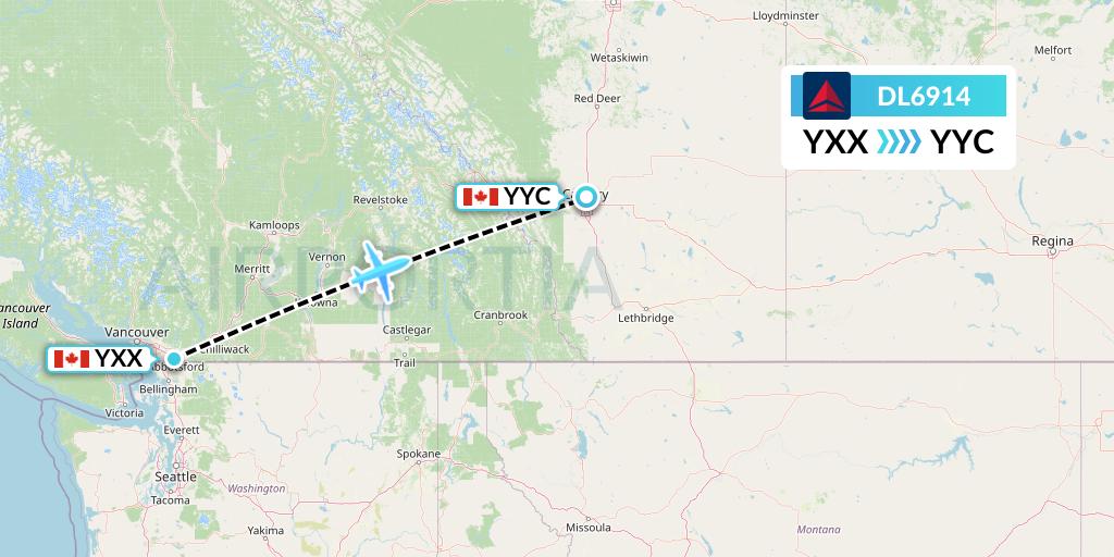 DL6914 Delta Air Lines Flight Map: Abbotsford to Calgary