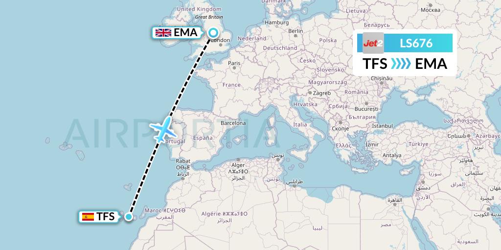 LS676 Jet2 Flight Map: Tenerife to East Midlands