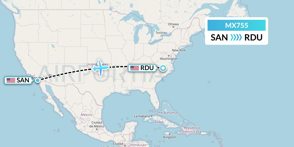 MX755 Breeze Airways Flight Map: San Diego to Raleigh-Durham