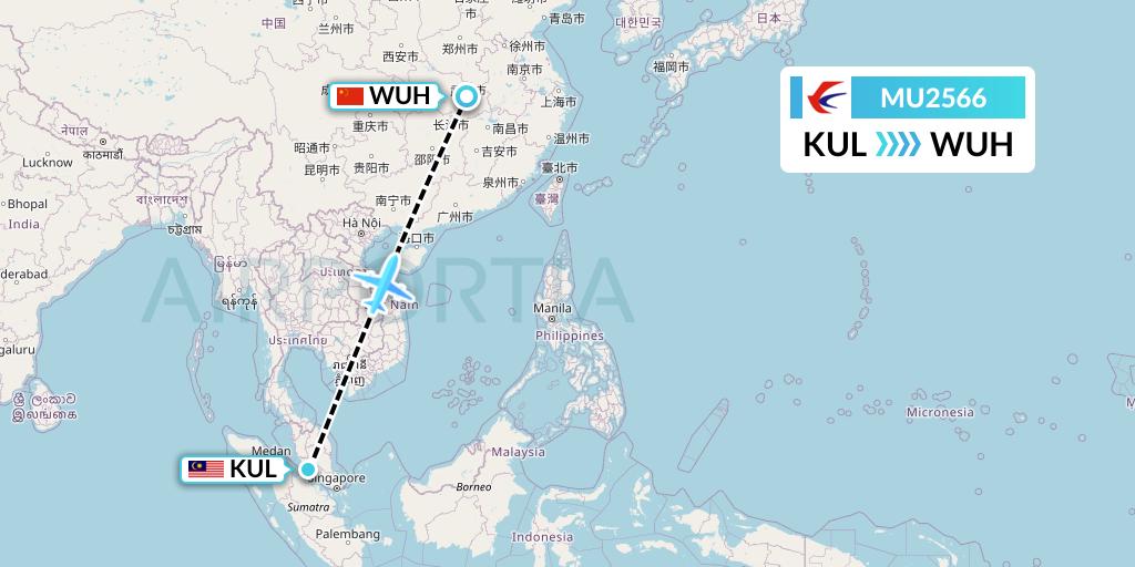 MU2566 China Eastern Airlines Flight Map: Kuala Lumpur to Wuhan