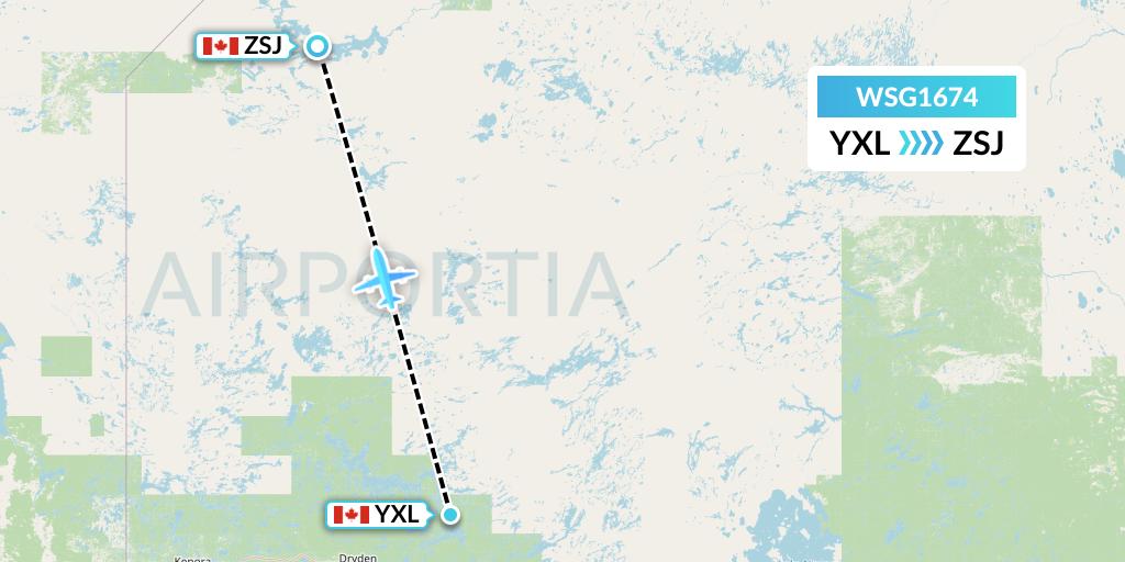 WSG1674 Wasaya Airways Flight Map: Sioux Lookout to Sandy Lake