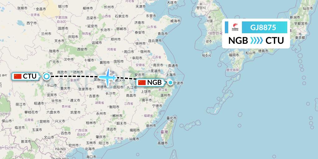 GJ8875 Loong Airlines Flight Map: Ningbo to Chengdu