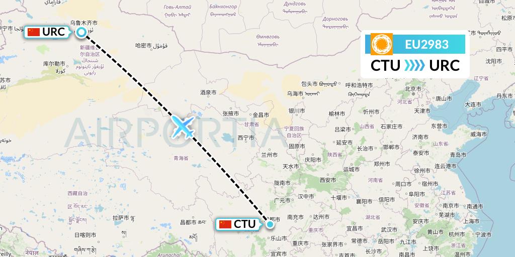 EU2983 Chengdu Airlines Flight Map: Chengdu to Urumqi