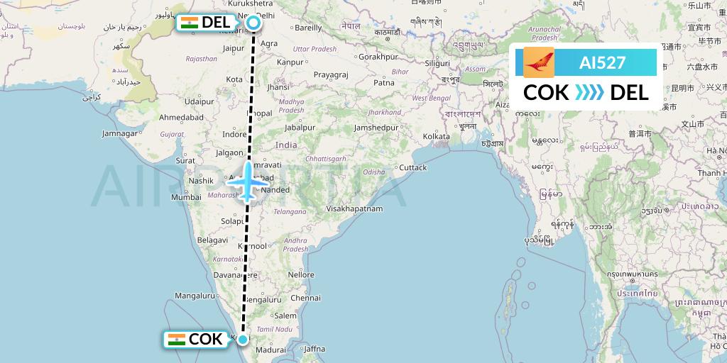 AI527 Air India Flight Map: Cochin to Delhi