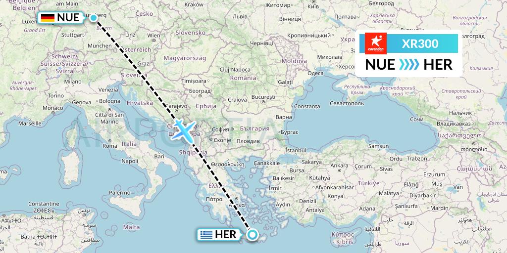 XR300 Corendon Airlines Europe Flight Map: Nurnberg to Heraklion