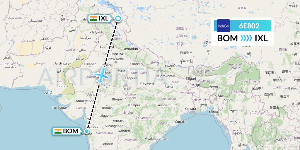 6E802 IndiGo Airlines Flight Map: Mumbai to Leh