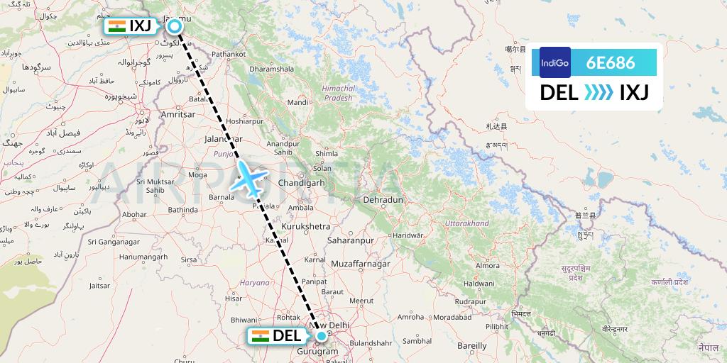 6E686 IndiGo Airlines Flight Map: Delhi to Jammu
