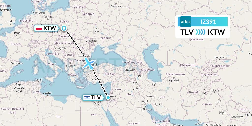 IZ391 Arkia Israeli Airlines Flight Map: Tel Aviv to Katowice