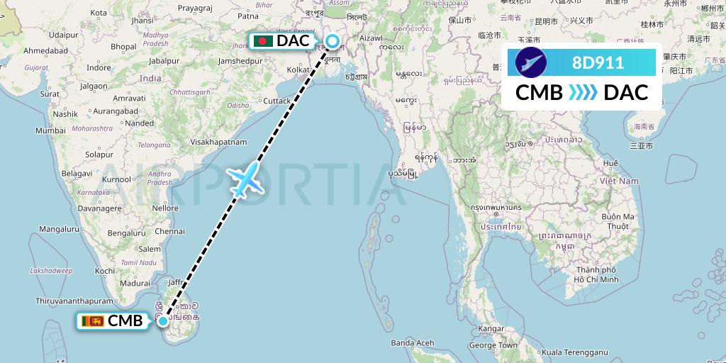 8D911 FitsAir Flight Map: Colombo to Dhaka