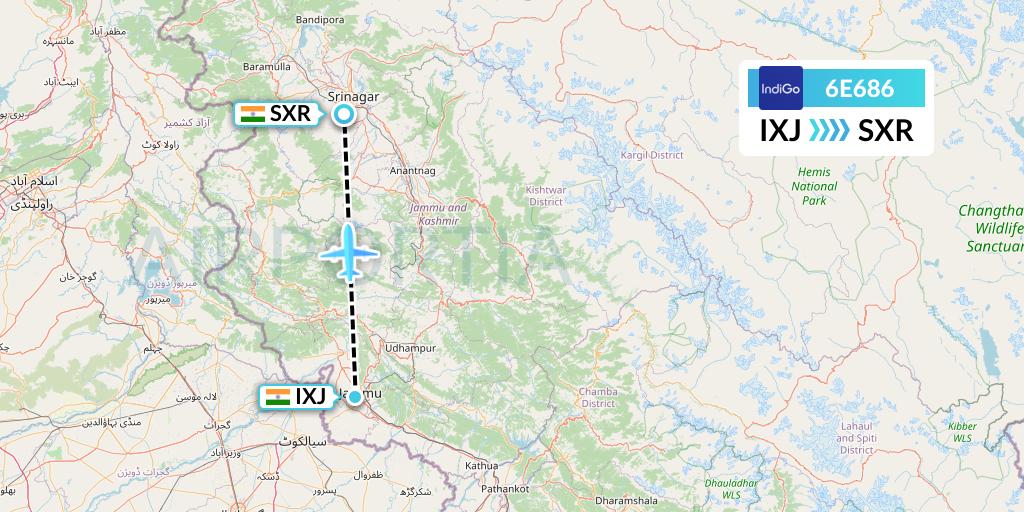 6E686 IndiGo Airlines Flight Map: Jammu to Srinagar