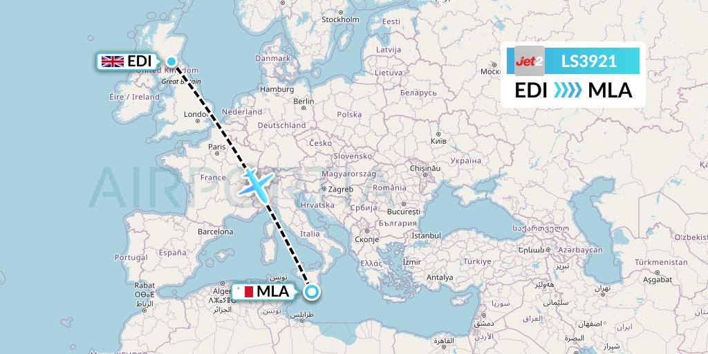LS3921 Jet2 Flight Map: Edinburgh to Malta