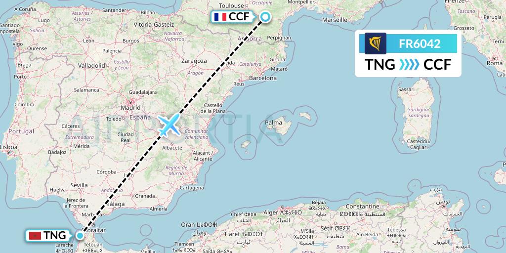 FR6042 Ryanair Flight Map: Tangier to Carcassonne