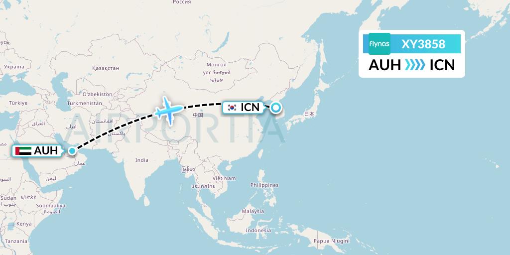 XY3858 Flynas Flight Map: Abu Dhabi to Seoul